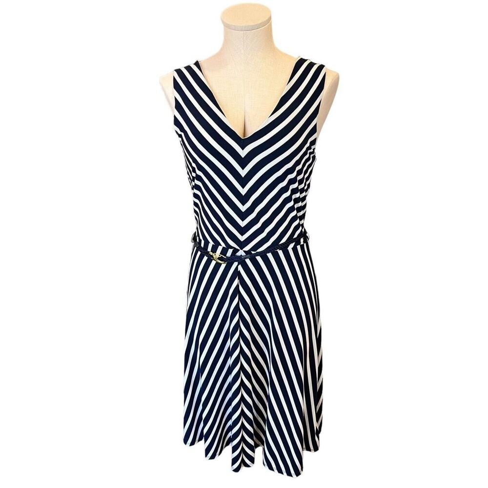 RALPH LAUREN NAVY WHITE DIAGONAL STRIPE FIT FLARE CLASSIC DRESS Sz Small S Belt